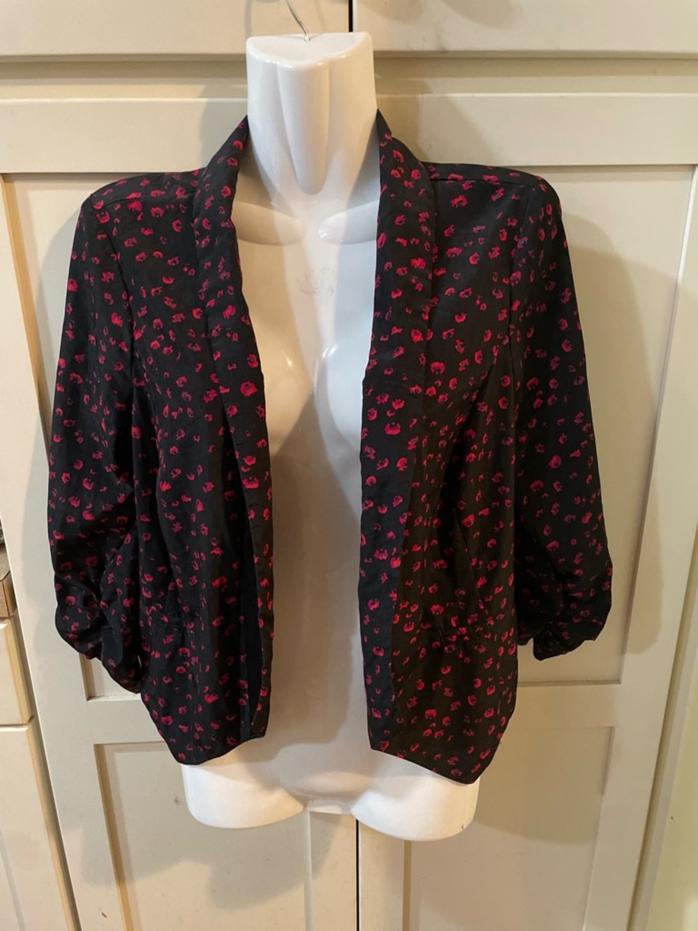 Stoosh Black Open-Front Blazer with Pink Spot Print